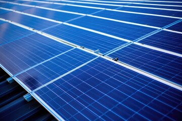 Poster - An overhead perspective of a roof covered in blue solar panels used to generate clean and sustainable power. Illustrating the idea of producing renewable energy.