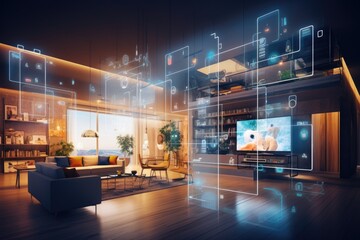 Residential indoor spaces and data network in a smart home setting are depicted in a visually appealing wide image suitable for use in banners and advertisements.