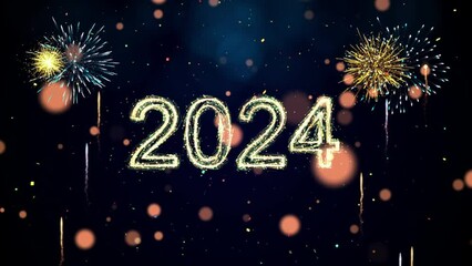 Poster - Happy new year 2024 celebration concept. Slow motion bokeh particle confetti and sparkling fireworks on a dark background.