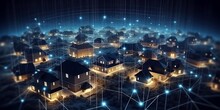 Digital Community, Smart Homes And Digital Community. DX, Iot, Digital Network In Society Concept. Suburban Houses At Night With Data Transactions. AI Generative.