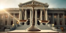 Fairness Scales Of Justice Against Court House Building Background Banner, Concept Of Business Financial Protection By Law. Finest Generative AI.