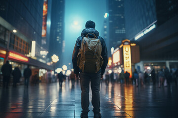 back view of male tourist with backpack looking forward at night street light in big city. Rainy day. Lost traveller. Travelling and urban lifestyle concept image.