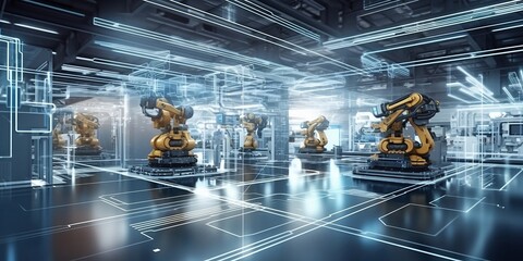 Industry 4.0 smart factory interior showcases advanced automation, machinery, and robotics in a futuristic industrial setting. Innovation, engineering, and interconnected systems. Generative AI 