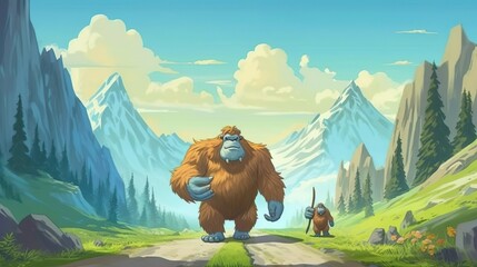 Wall Mural - abstract background mountains. captivating banner design with a fusion of vibrant mountains and monk