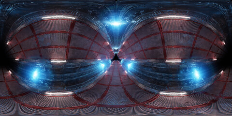 Aufkleber - Futuristic Hdri interior with blue pink neon lights. 360 degree panoramic view of triangle shaped spaceship background. Cyber room environment with tunnel and lit path way. 3d rendering