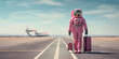 Female astronaut in pink space suit with travel suitcase going along the runway for flight at the airport or spaceport, banner with copy space, stylish space woman, generated ai