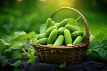 Wicker Basket Full Of Cucumbers On Green Leaves Background