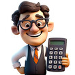 Cartoon accountant character holding calculator with happy smile. Postproducted generative AI illustration.