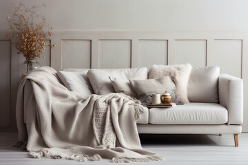 Comfortable sofa in a cozy living room, with a knitted blanket elegantly draped across it.