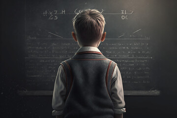 Boy at school standing at the blackboard and looking on to formula. AI generated image