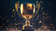 © LeArchitecto - Winning champions trophy with blurred flying confetti on dark background. Postproducted generative AI illustration.