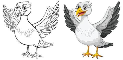 Wall Mural - a vector cartoon illustration of a seagull standing with open wings, isolated on a white background