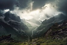 Nature's Power: Dramatic Background Of Stormy Clouds Over A Rocky Mountain Range, Generative AI