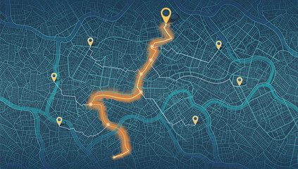 Location tracks dashboard. City street road. City streets and blocks, route distance data, path turns and destination tag or mark. Huge city top view. ector, illustration. Abstract background.