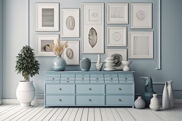 A gallery with vases and a blue set of drawers. On a gray wall with white stipes are three posters. a mockup. Generative AI