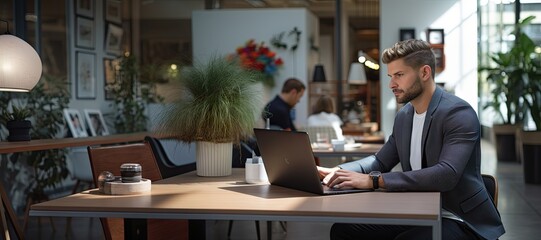 man in comfortable office focused work - productivity and great time management - copy space - desig