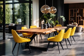 Wall Mural - In a fashionable interior, there is a trendy wooden dining table with a chic yellow chair.