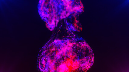 Poster - Abstract Particles Background. Vivid Color Fluid Particles. Motion design background shining neon particles. Color ink splash. Mysterious illusion. Color smoke cloud puff on blue abstract background.