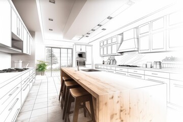 a blank white space with a floor made of white ceramic marble tiles, a hand drawn custom architecture design, a white ink sketch, and a blueprint displaying a modern, minimalist kitchen,. Generative