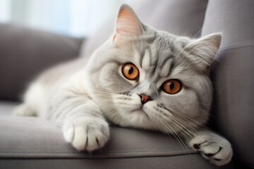 Sticker - A comical cat is relaxing on a grey couch in its residence.