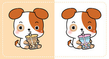 Cute Little Dog Eating Boba Milk Tea. Cartoon Style