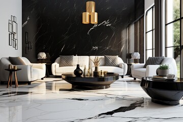 Wall Mural - Highly polished marble with a black, smooth surface is used as a ceramic material for both the walls and floors in interior home decor to create an abstract and modern look.