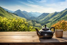 The Concept Of A Vacation, Travel, Or Trip Is Represented By A Teapot Placed On A Table In The Countryside Home Or Homestay, Accompanied By A Picturesque Mountain View In The Morning.