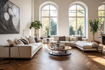 Contemporary living room featuring elegant furniture and parquet flooring.