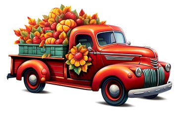 3d red pickup truck full of autumn harvest isolated on white background. Generative AI