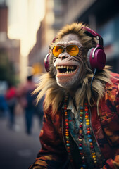 Wall Mural - Happy anthropomorphic monkey with a big smile and headphone, enjoying music in downtown city street, urban underground retro style and charismatic human attitude