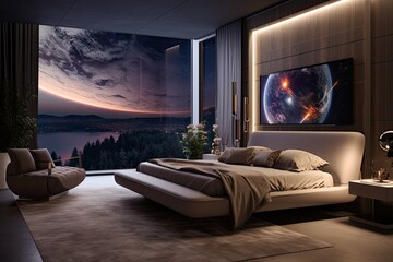 Poster - a high tech display embedded on the wall of a contemporary and lavish bedroom.