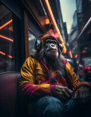 Wall Mural - Happy anthropomorphic old monkey with headphone,smiling and enjoying music in downtown city street, urban underground retro style and charismatic human attitude