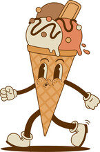 Retro Cartoon Ice Cream Cone Character In Groove Style. Vector Illustration. Vintage Sweet Frozen Food Mascot. Nostalgia 70s, 80s