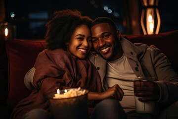 Poster - A Couple Enjoying A Romantic Movie Night Cuddling Up On A Comfortable Couch Family Generative AI