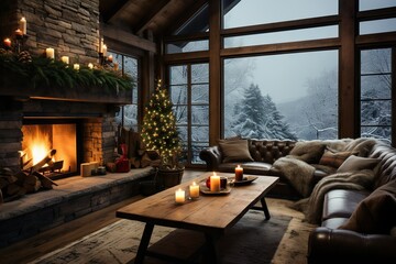 Poster - A Cozy Snowy Day In A Log Cabin With A Roaring Fireplace And Snowflakes Falling Gently Outside Domestic room Generative AI