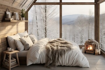 Poster - A Cozy Bedroom Scene With A Snowcovered Window And Soft Blankets Electric lamp Generative AI