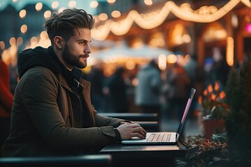 Poster - A Digital Nomad Working Remotely From A Vibrant City Square Immersing In The Urban Atmosphere Occupation Generative AI