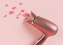 Hair Dryer On Pink Background With Hearts. Professional Hair Style Tool. Realistic Hairdryer For Hairdresser Salon Or Home Usage. Tool For Drying Hair. 3D Render.