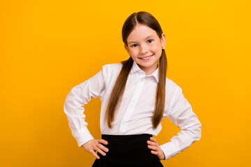 Poster - Photo of excited confident preteen schoolkid wear white shirt smiling isolated yellow color background