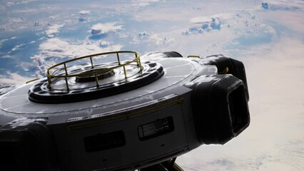 space-inspired laboratory constructed from metal and glass, resembling a spacecraft, revolving aroun
