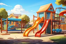 Kids' Playground With Slides And Tubes In The Park. Cartoon Vector Illustration