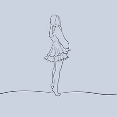 Wall Mural - Girl model trying on a dress in the style of line art on blue background. Dress on a hanger. Dressing room. Vector outline illustration