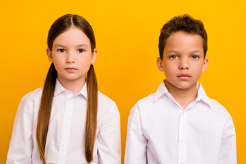 Sticker - Photo of charming cute schoolchildren wear white shirts smiling isolated yellow color background