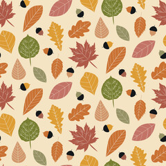 Wall Mural - Beautiful autumn leaves seamless pattern in terracotta, olive green, brown, and yellow on light cream background . For autumn greeting cards, fabric and textile 