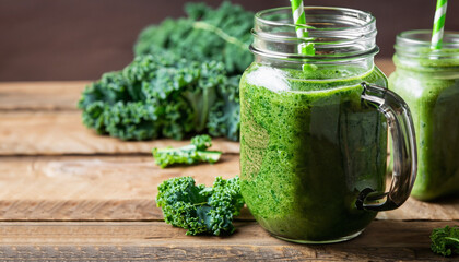 Healthy detox green smoothie with kale in mason jar on rustic wooden background