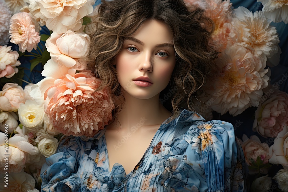 Beautiful woman in blue flower dress on flowers wall background Stock ...