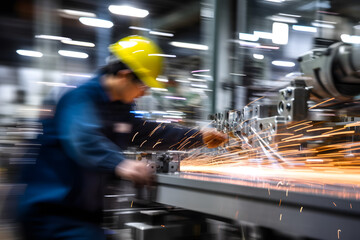 Wall Mural - Abstract motion blur shot of a factory worker operating a production line, highlighting the speed and efficiency in mass production. Generative AI