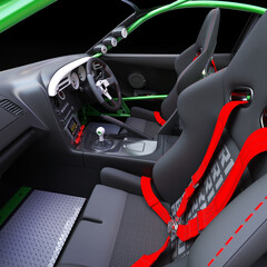 3D model of the interior of a coupe car with a sporty interior layout.