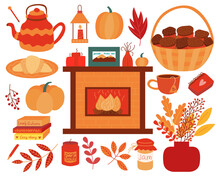 Bundle Of Autumn Flat Elements. Cozy Design Elements Vector Set. Cute Fireplace, Kettle, Basket With Maffins, Bouquet With Autumn Leaves, Croissant, Books, Outdoor Light And Pumpkins.