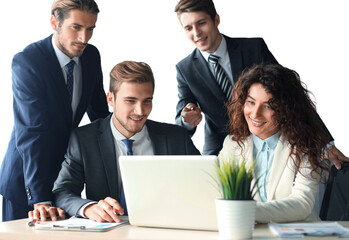 Canvas Print - startup business team on meeting, brainstorming, working on laptop and tablet computer on a transparent background